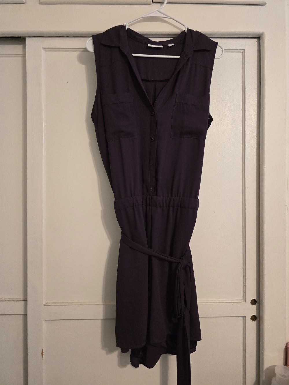 New York & Company Sleeveless Belted Romper in Plum